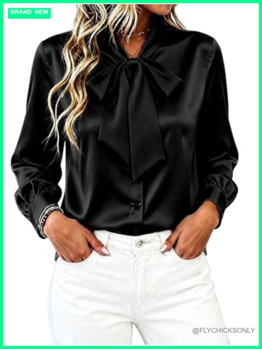Satin Button Down Blouse Bow Tie Neck Long Sleeve Dressy Business Top